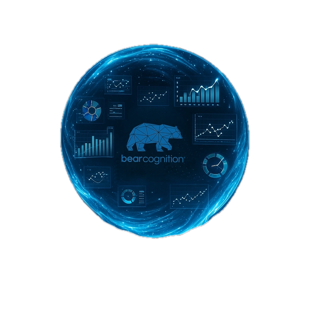 Stylized representation of analytics data and charts within a sphere